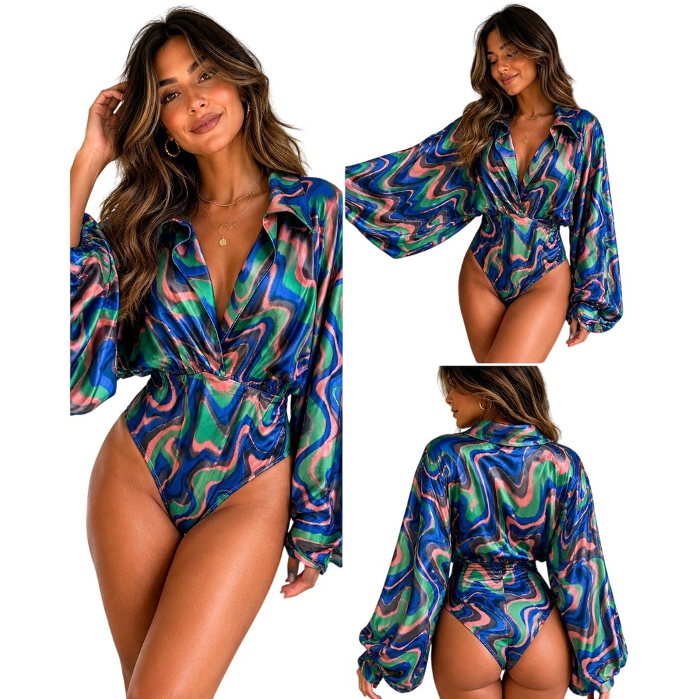 Good Time‎ USA Psychedelic Swirl Dolman Sleeve Bodysuit XL Blue Green Festival